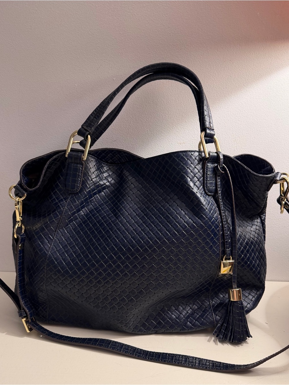 G.I.L.I. (Got It Love It) navy blue woven leather large tote.